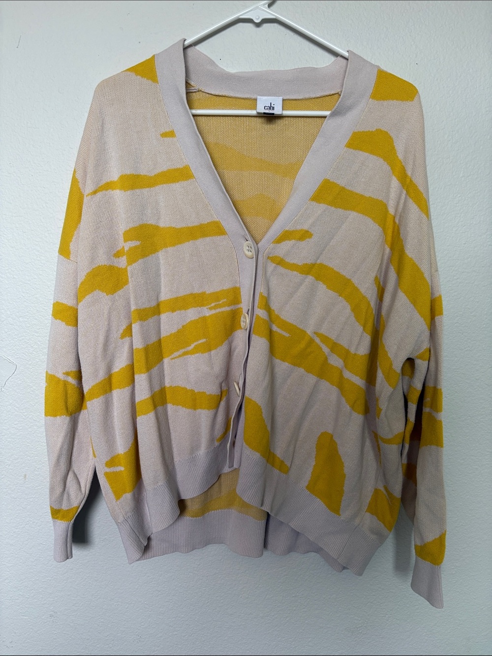 CAbi Beige and Yellow Abstract Stripe V-Neck Cardigan